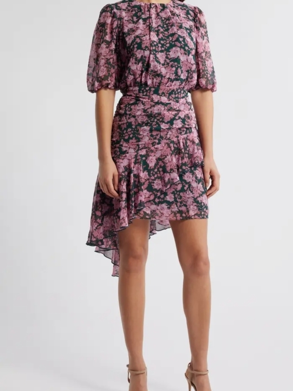 Chelsea28 Pink and Black Floral Asymmetric Ruffle Chiffon Dress 1️⃣